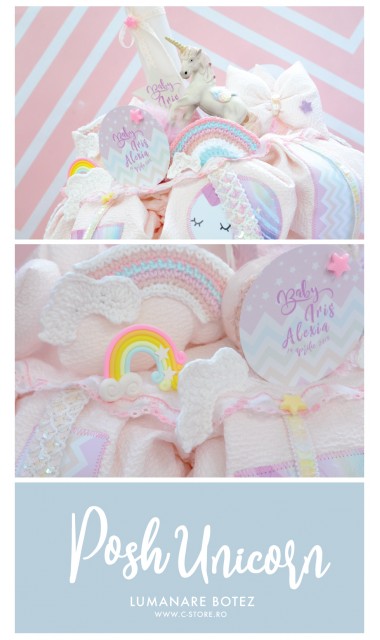 Lumanare botez cu unicorn si curcubee crosetate, 65x4 cm, Posh Unicorns  7
